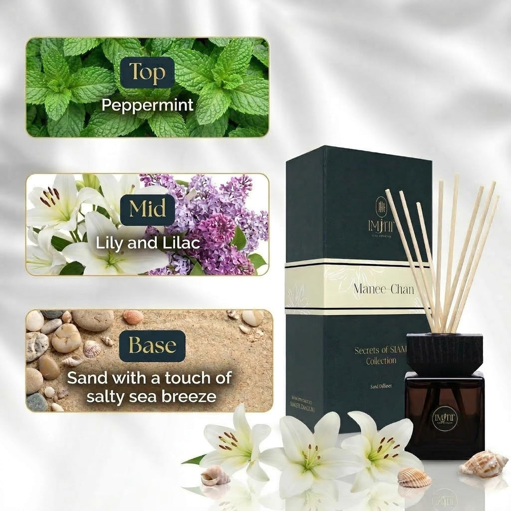 Manee-Chan by : Authentic Thai Aromatherapy Diffuser & Premium Reed Diffuser Set. Refreshing Peppermint, Lily