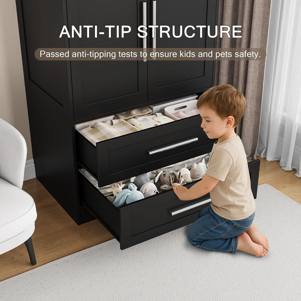 Wooden Armoire Wardrobe Closet with 2 Doors and 2 Drawers,Freestanding Armoire Storage Cabinet with Shelves,Tall