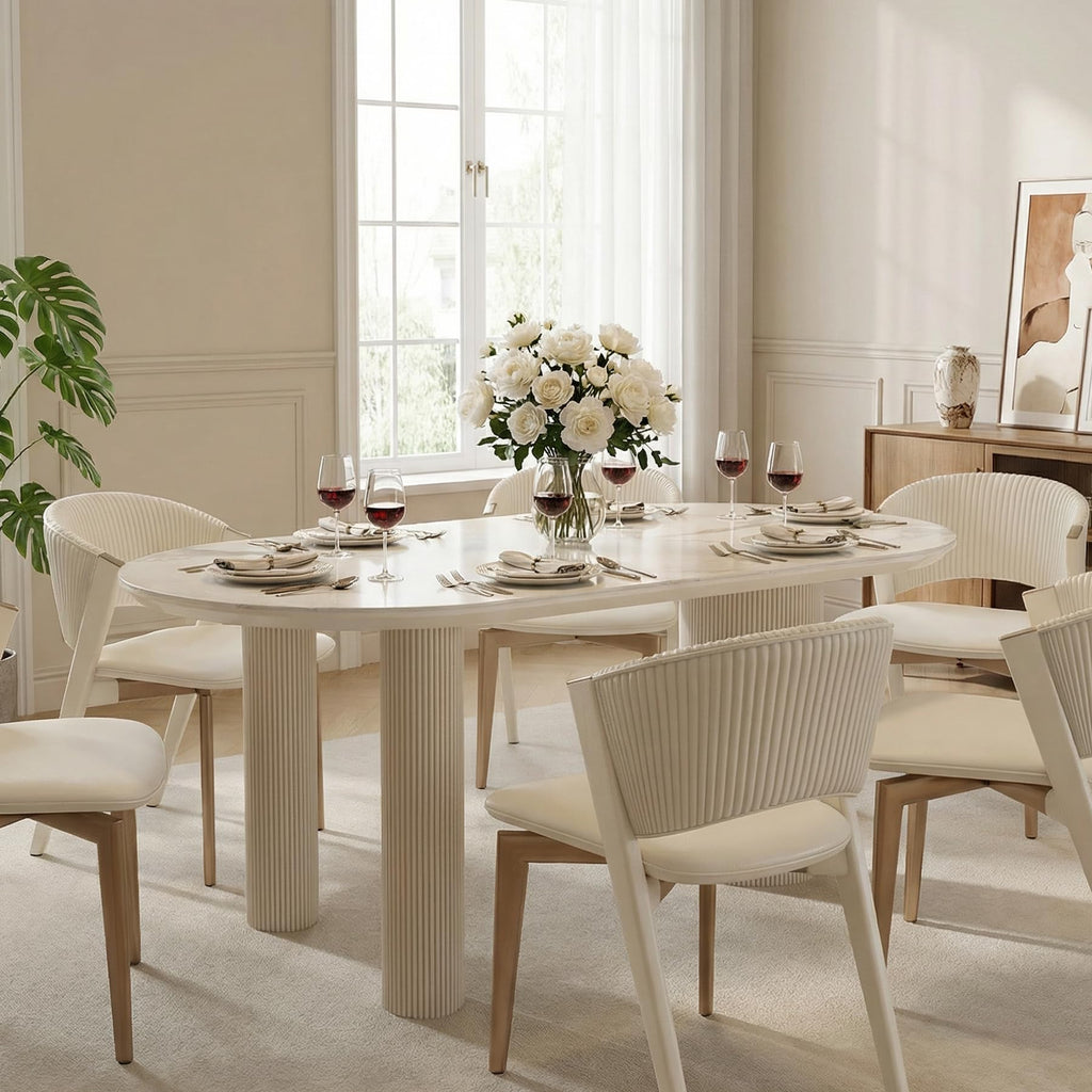 71'' Oval Dining Table for 6-8 People, Scandinavian Wood Dinner Kitchen Table with Sintered Stone Tabletop and Round