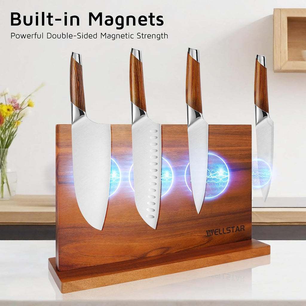 Extra Large Acacia Magnetic Knife Block 16x10 Inches, Dual-Sided Wood Stand | Strong Magnet Knife Holder, Luxurious