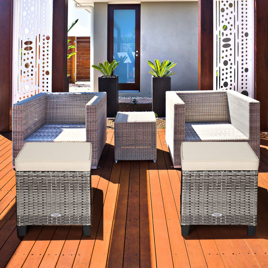2-Piece Patio Rattan Ottomans - Outdoor Wicker Furniture w/ 2 Footrest Stools, Comfortable Cushions & Steel Metal