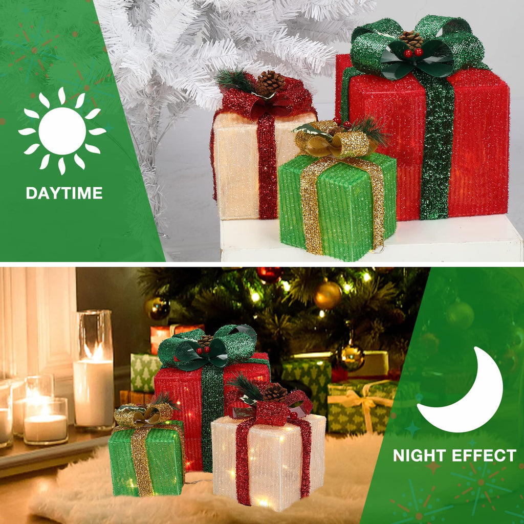 Christmas Lighted Gift Boxes Set of 3, Weather Proof Present Boxes Ornament Home Decor Pre-lit 60 LED Lights