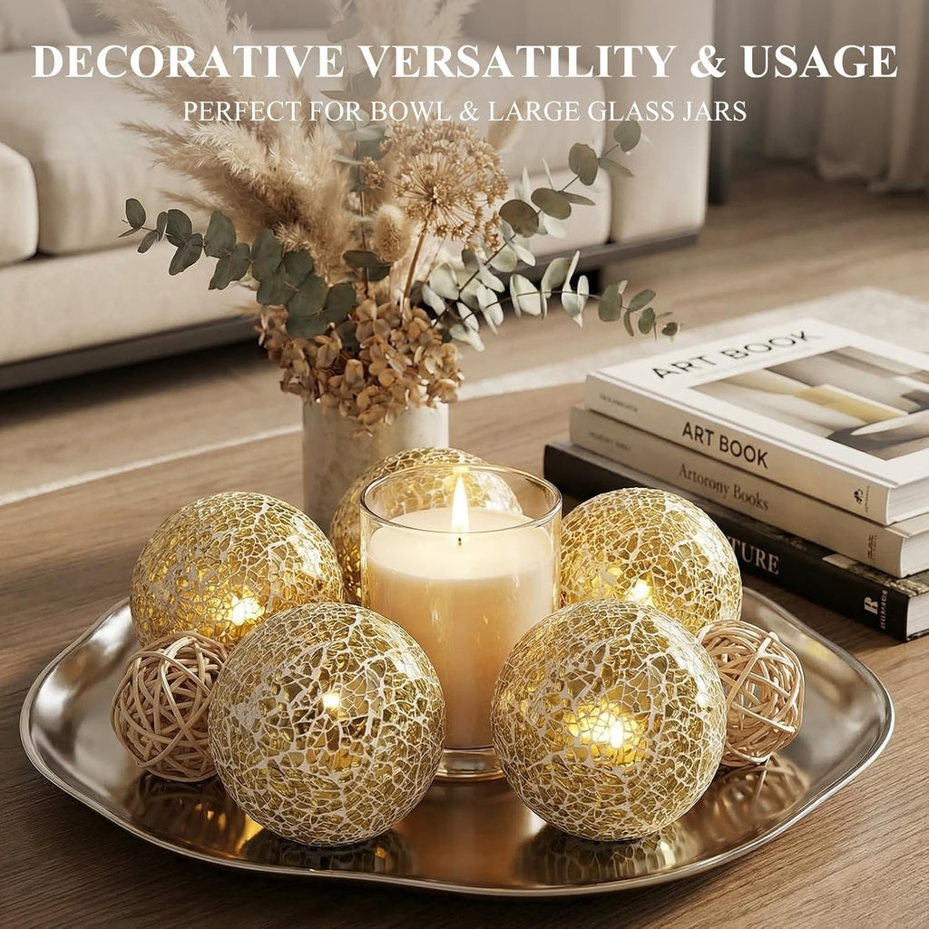 Decorative Balls for Bowls, 3 Inch Gold Orbs Glass Balls - Set of 5