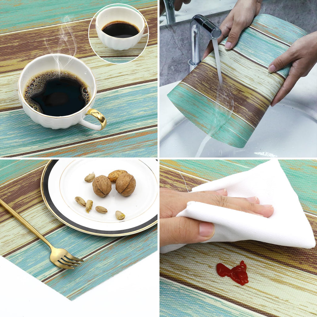 Small Round Table Placemats Set of 5 Woven Vinyl Wedge Placemats with Centerpiece Round Table Mats Wipe Clean, Teal