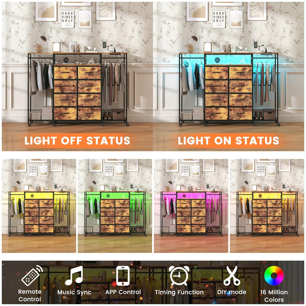59.1" W Dresser with Hanging Rack, 8 Drawer Dresser with LED Lights & Charging Station, Fabric Dressers with Portable