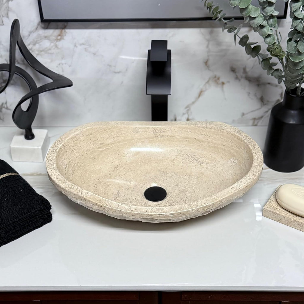 Natural Tan Travertine Vessel Sink - Modern Rustic Chiseled Oval Canoe Bathroom Sink - Hand-Carved Marble - Real Stone Basin