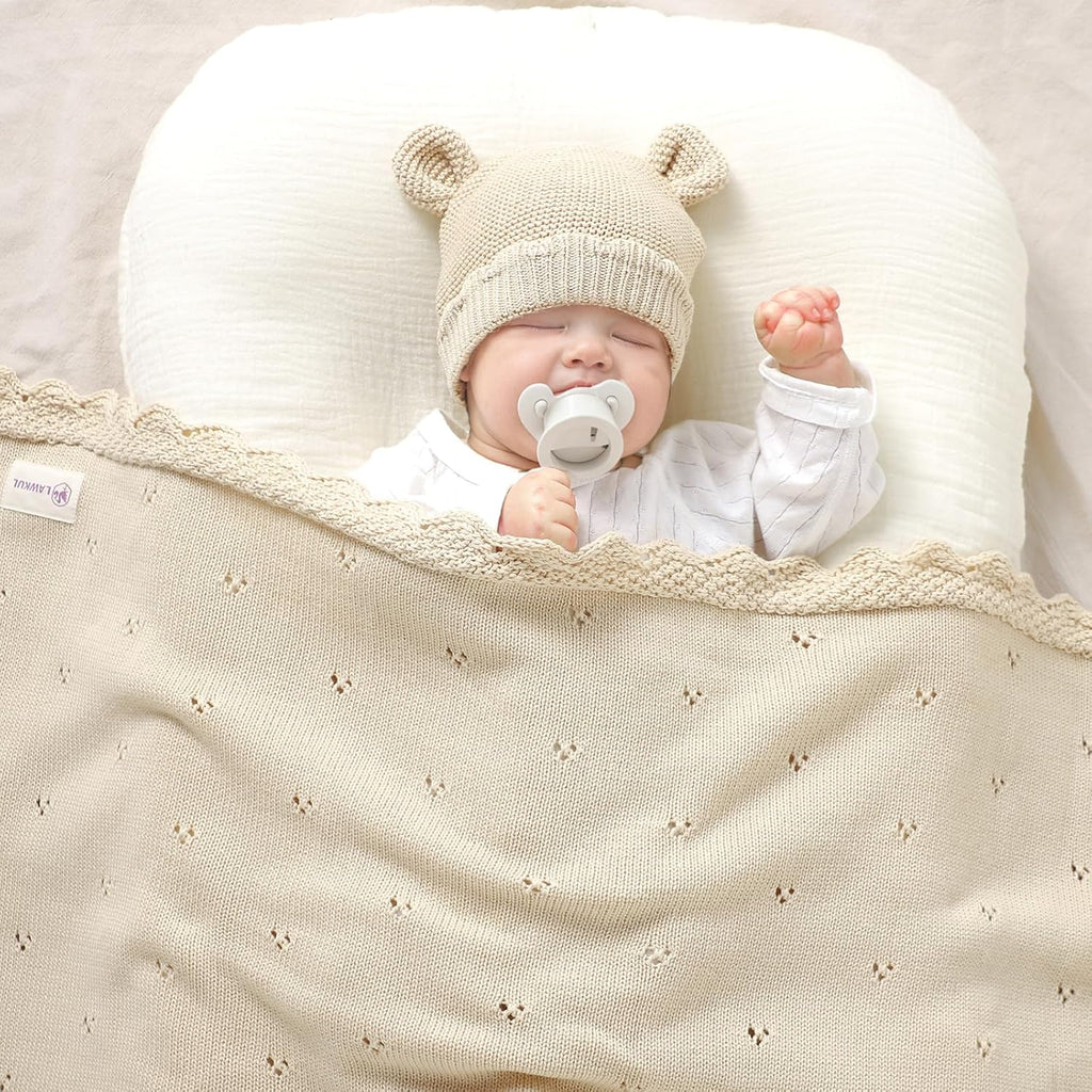 100% Organic Cotton Baby Blanket and Beanie Hat Set, Beige