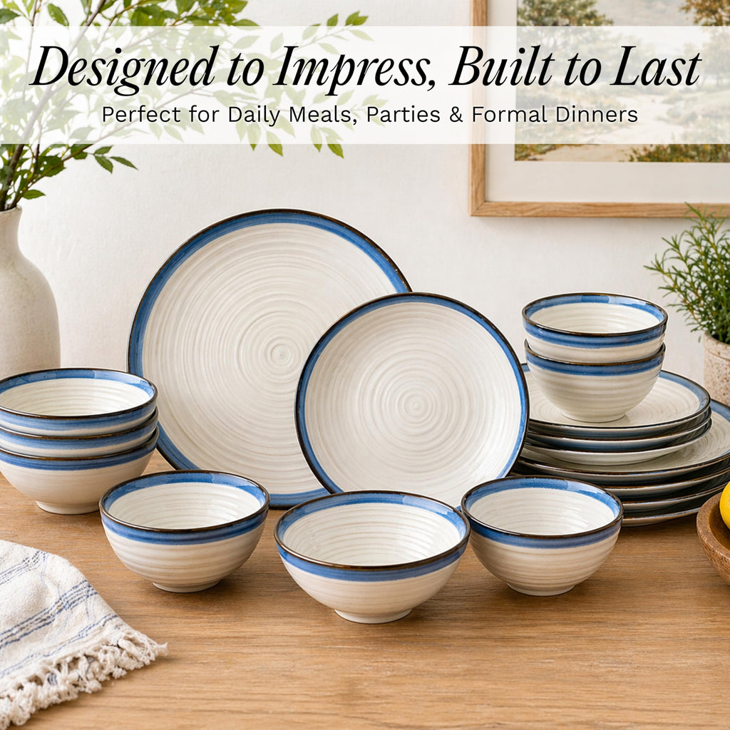 Siterra Santorini 16-Piece Stoneware Dinnerware Set for 4, Ceramic White Plates and Bowls Sets with Blue Rim &