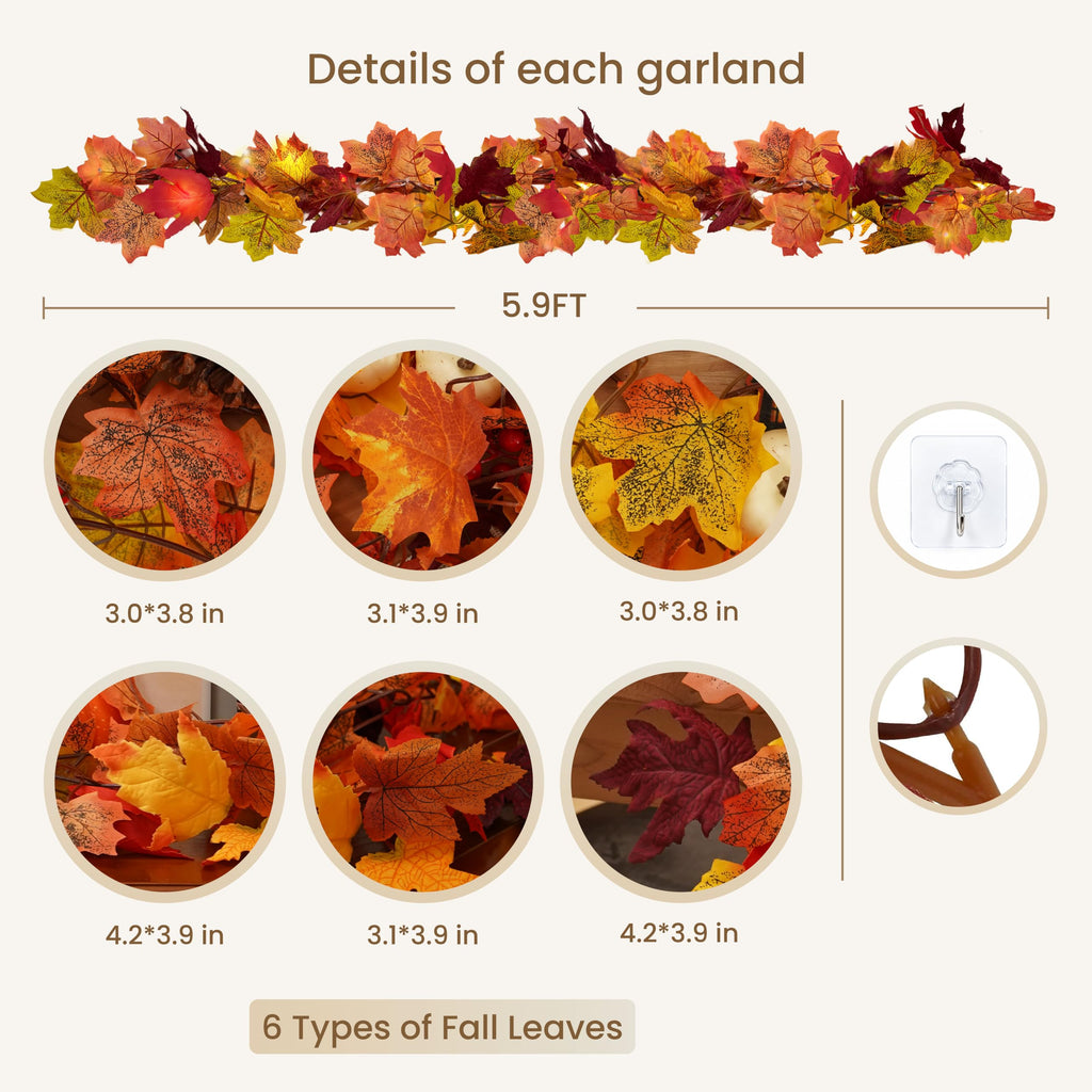 14 Pack Fall Leaf Garland, Total 82.6Ft Artificial Fall Vines Autumn Garland Fall Maple Leaves Thanksgiving Decor