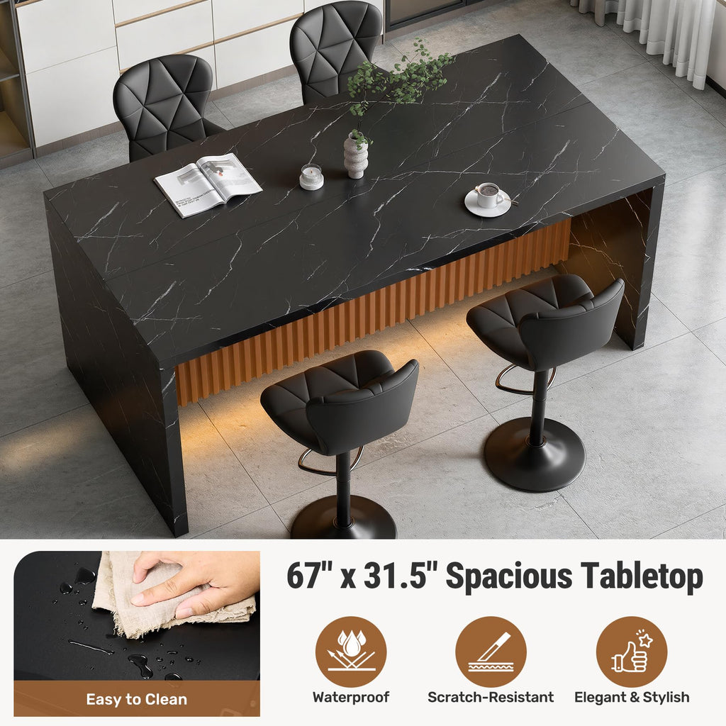 67" Kitchen Island Table Set with 4 Bar Stools, Faux Marble Top Island Table, Counter Height Dining Table Set