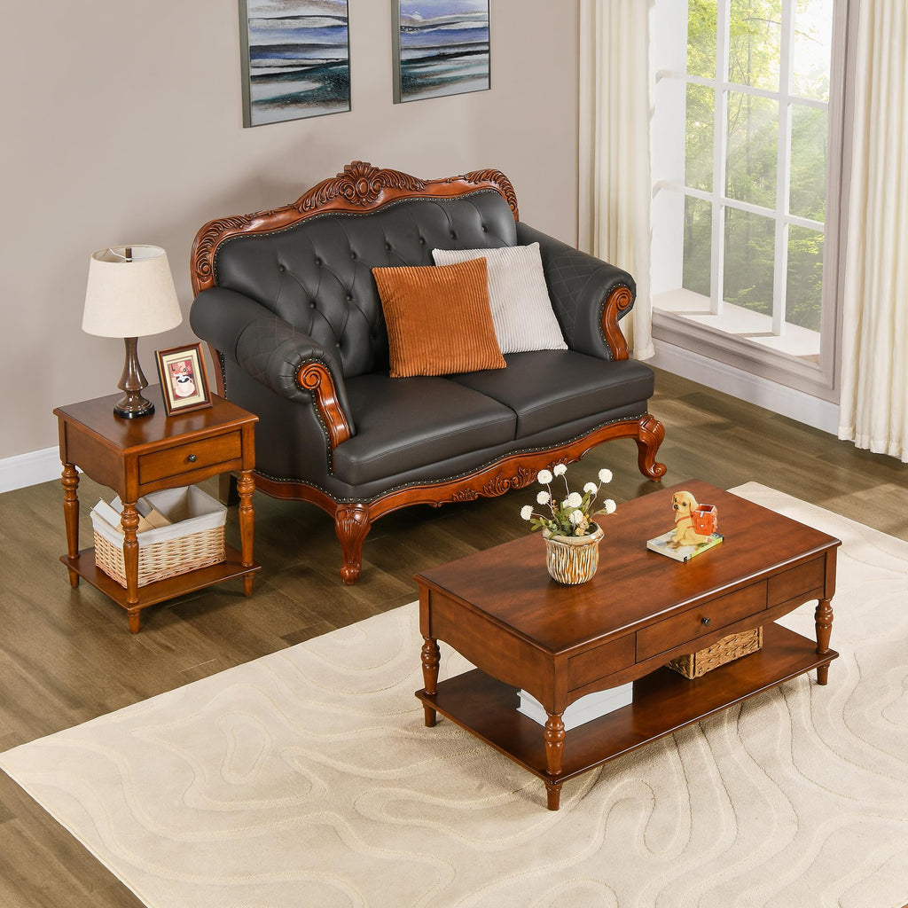 Rectangular Coffee Table with 2 Storage Drawers, Mid-century Solid Wood Living Room Table with Carved Leg, Elegant