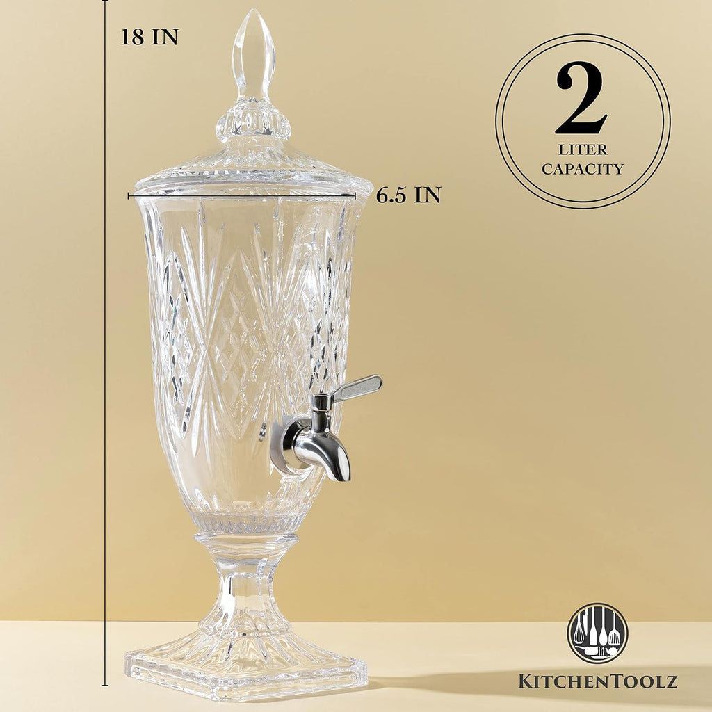 2 Liter with Stainless Steel Spigot on Glass Pedestal, Decorative Mason Drink Dispenser for BBQ, Picnic, Pool Party