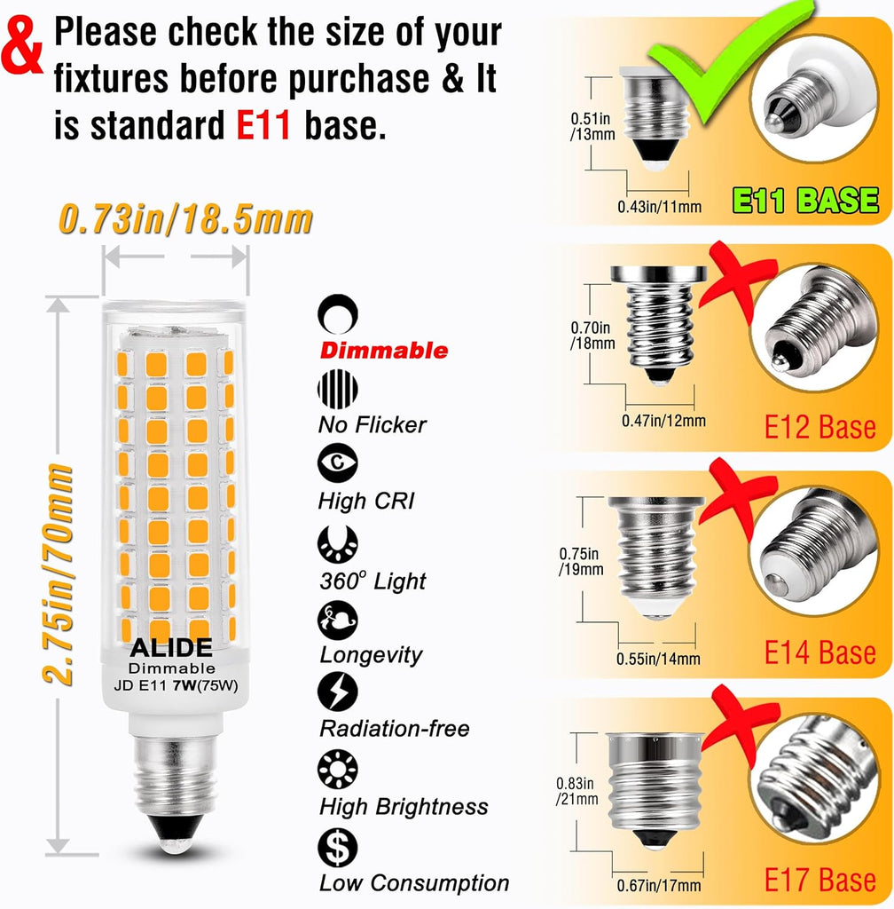 E11 Led Bulbs,JDE11 120V 75W Candelabra Bulbs Equiva Dimmable 2700k