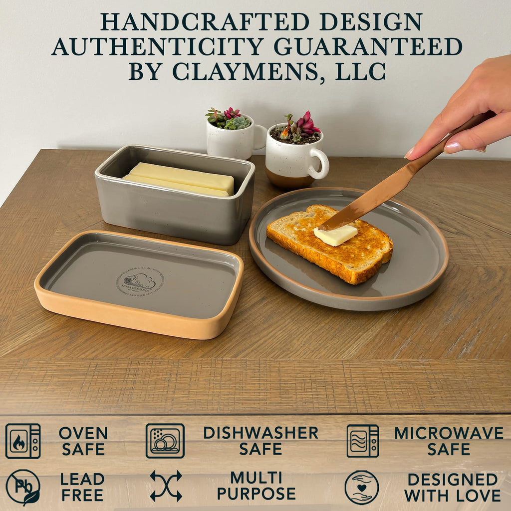 Two-in-One Butter Dish with Lid, Covered Crock Container to Leave on Countertop - Large Storage