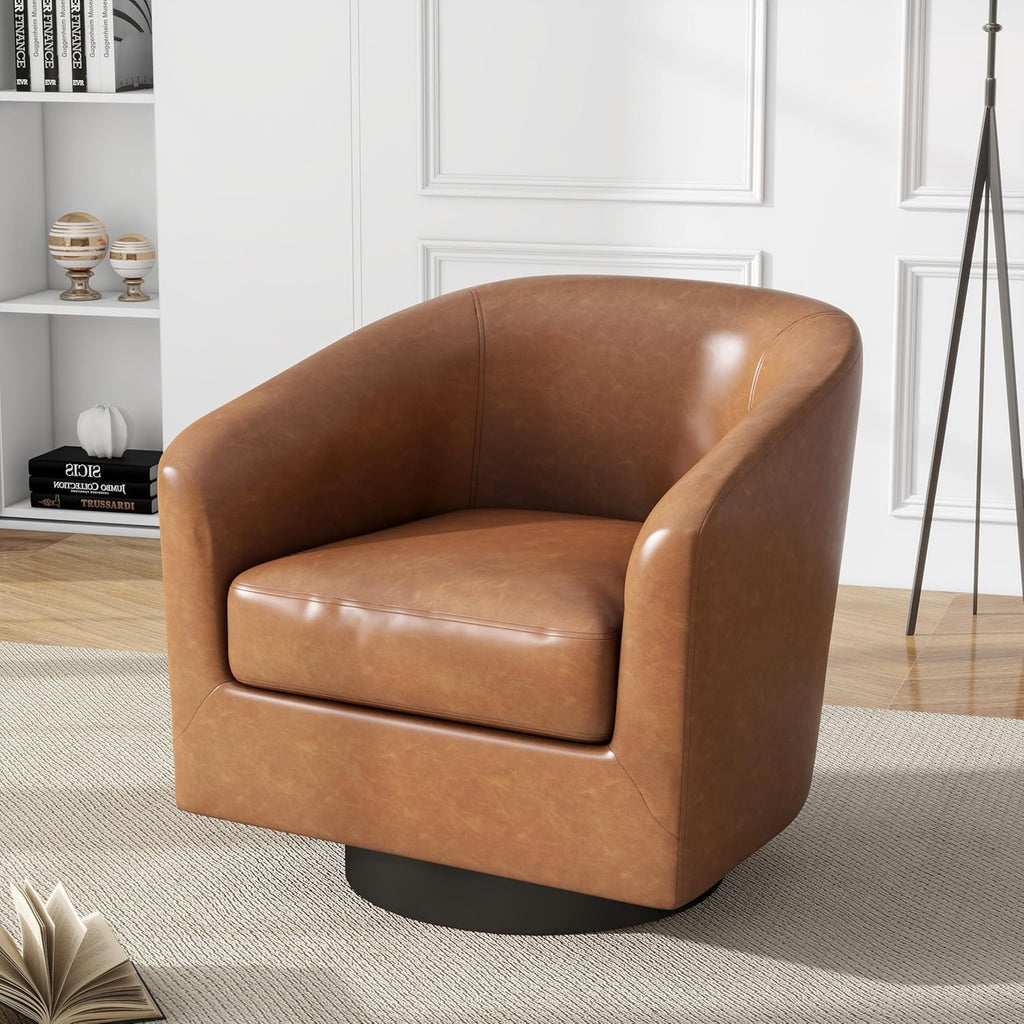 Faux Leather Swivel Accent Chairs, Barrel Armchair, Brown - Set of 2