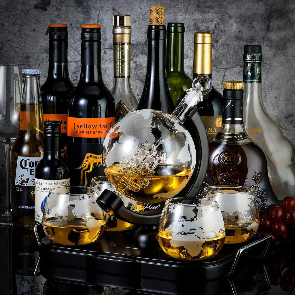 Whiskey Decanter Globe Set, Gifts for Men Husband Boyfriend Dad, with 4 Etched Whiskey Glasses, 4 Ice Cubes, Tong &