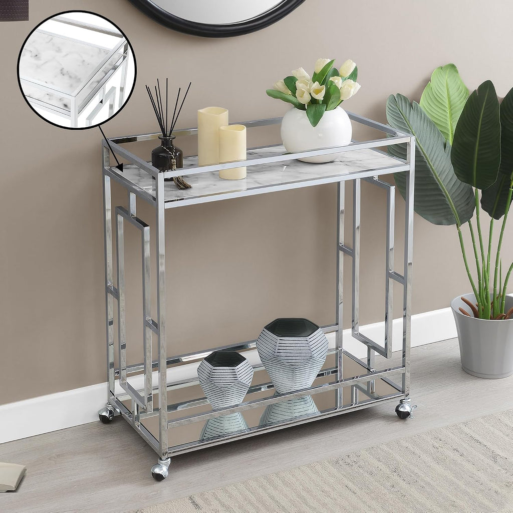 Town Square Chrome Faux Marble Mirrored Bar Cart 29.25" - Modern 360-Degree Swivel Serving Cart with Storage Shelf