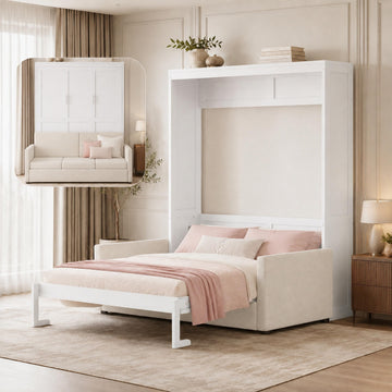Queen Murphy Bed with Couch, Space Saving Wall Bed Cabinet Bed with Sofa and Storage, Folding Wall Bed with Dual
