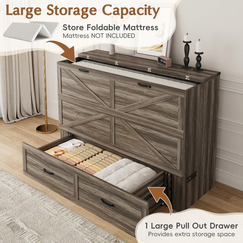 Full Size Farmhouse Murphy Bed with Drawer&Charging Station, Grey