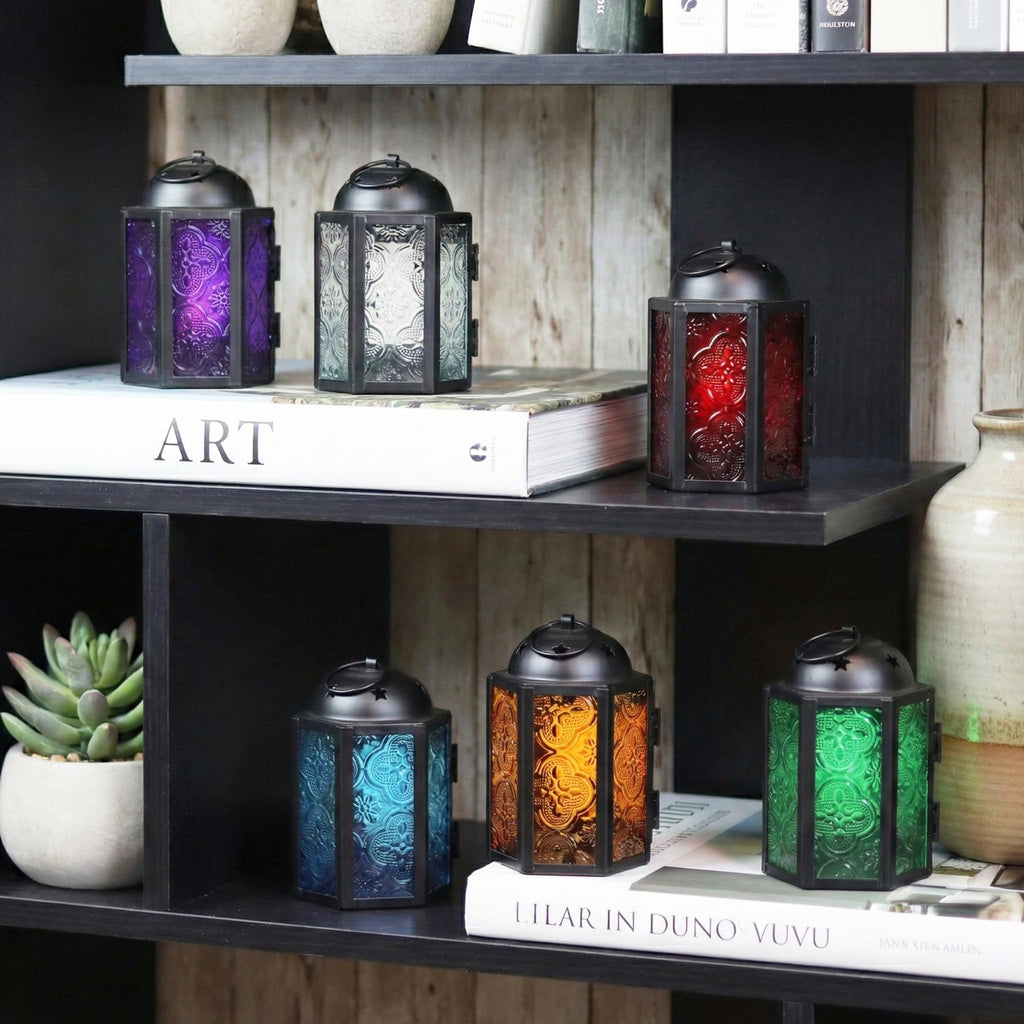 Mini Moroccan Tea Light Candle Holder Lanterns - 4.25" Small Decorative Lantern for Table or Hanging, Metal with