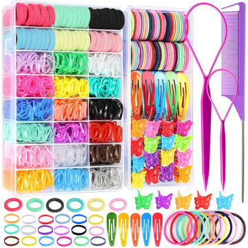 Hair Accessories Set: Colorful Rubber Bands, Cotton Hair Ties, Ponytail Holders, Hair Clips with Organizer Box