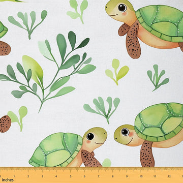 Cute Sea Turtles Fabric by The Yard Watercolor Cartoon Wild Sealife No Stretch Fabric Outdoor Natural Leaves Rustic