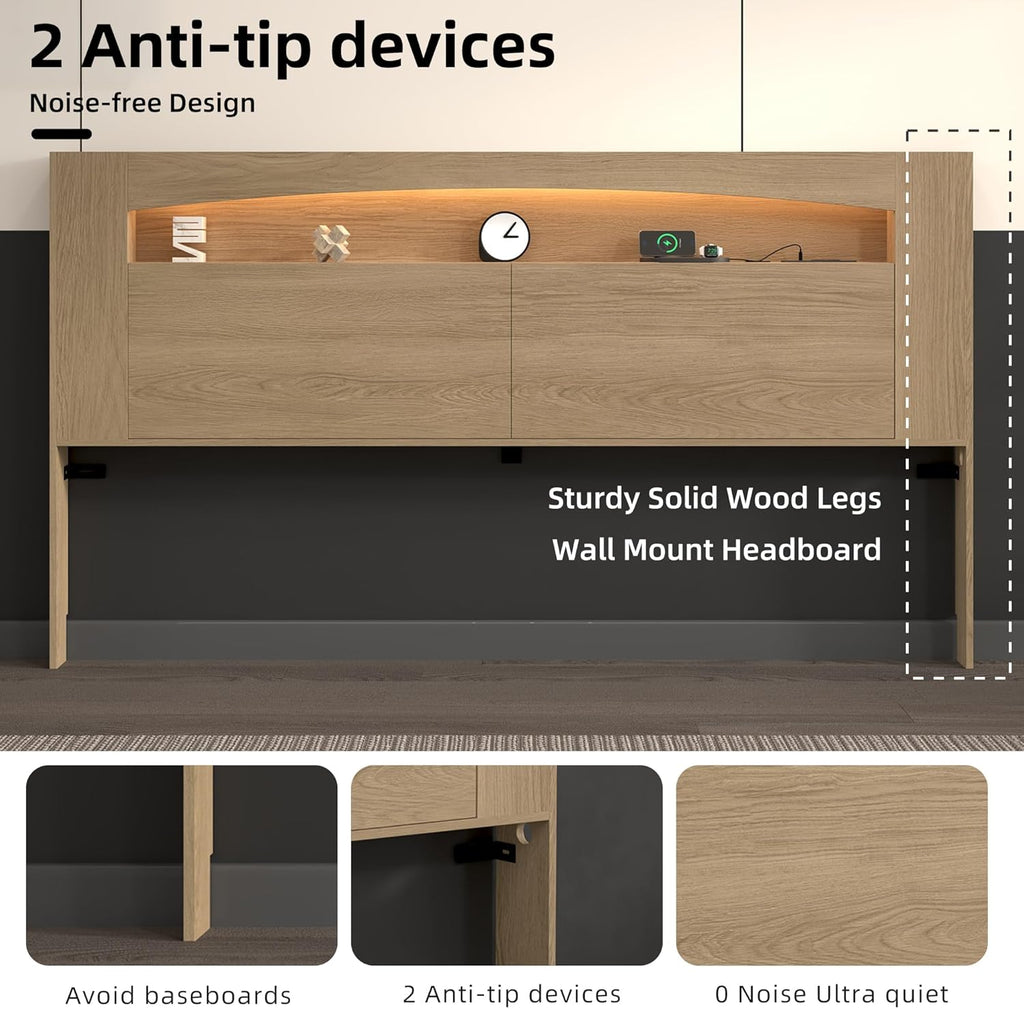 King Headboard Only Modern Sturdy Wooden Bed Backboard Wall Mounted Head Board, 3 Storage Zones, Unique Skirting