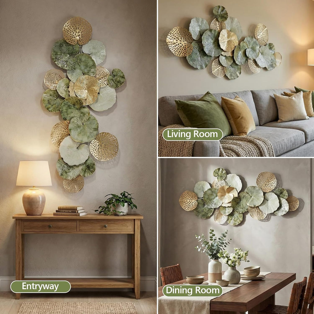 Large Metal Wall Decor 3D Stacked Metal Wall Art Modern Lotus Leaf Wall Sculptures Hanging Decoration Bedroom