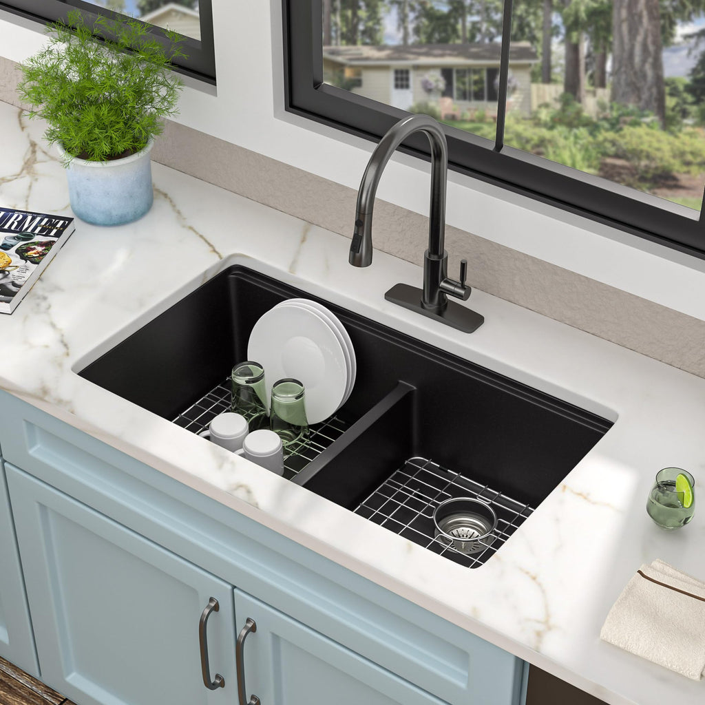33"x19" Granite Composite Kitchen Sink Double Bowl 50/50 Split