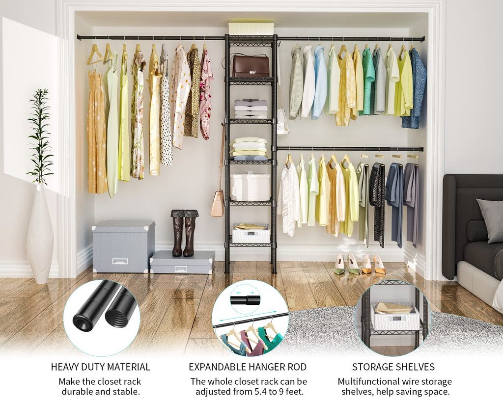 M1 Closet Storage Organizer System, 6 Tiers Heavy Duty Metal Clothing Garment Rack with 3 Expandable Hanger Rods