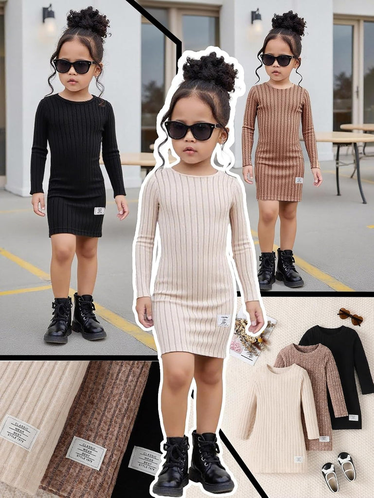 Dresses Toddler Girls Dress Pack Solid Color Ribbed Simple Elegant Casual Long Sleeve Dress Set