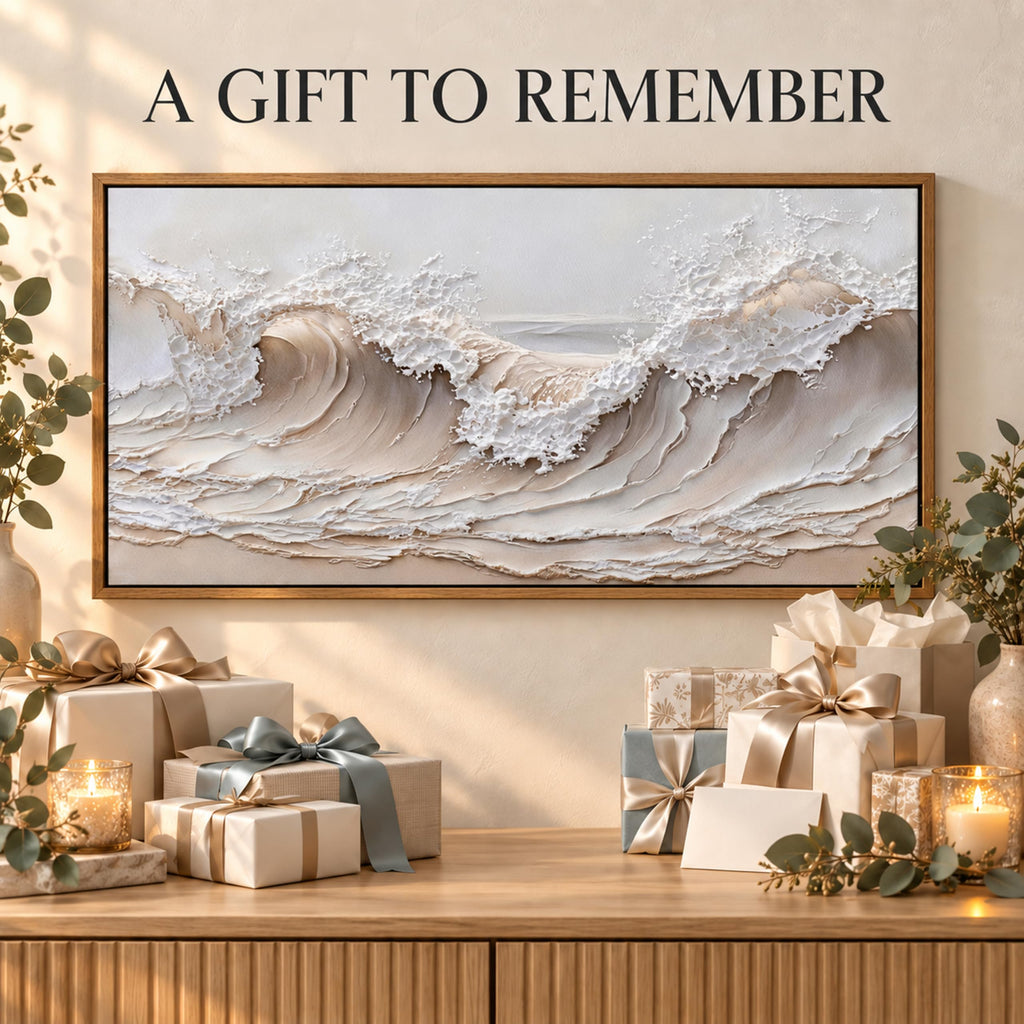 Neutral Ocean Wave Wall Art, Framed Textured Canvas, 16x32 Inch