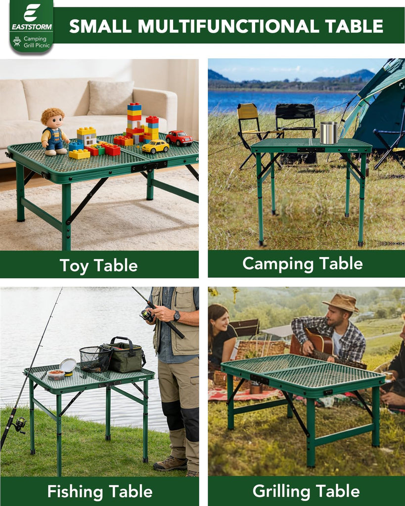 Small 2ft Folding Table with Carry Handle, Adjustable Height 10.6" or 22", Green Metal Mesh, Portable & Compact