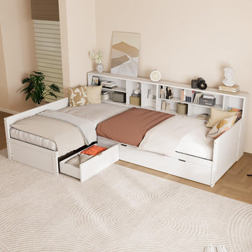 Twin Size L Shaped Daybed with Storage Drawer and Trundle, White