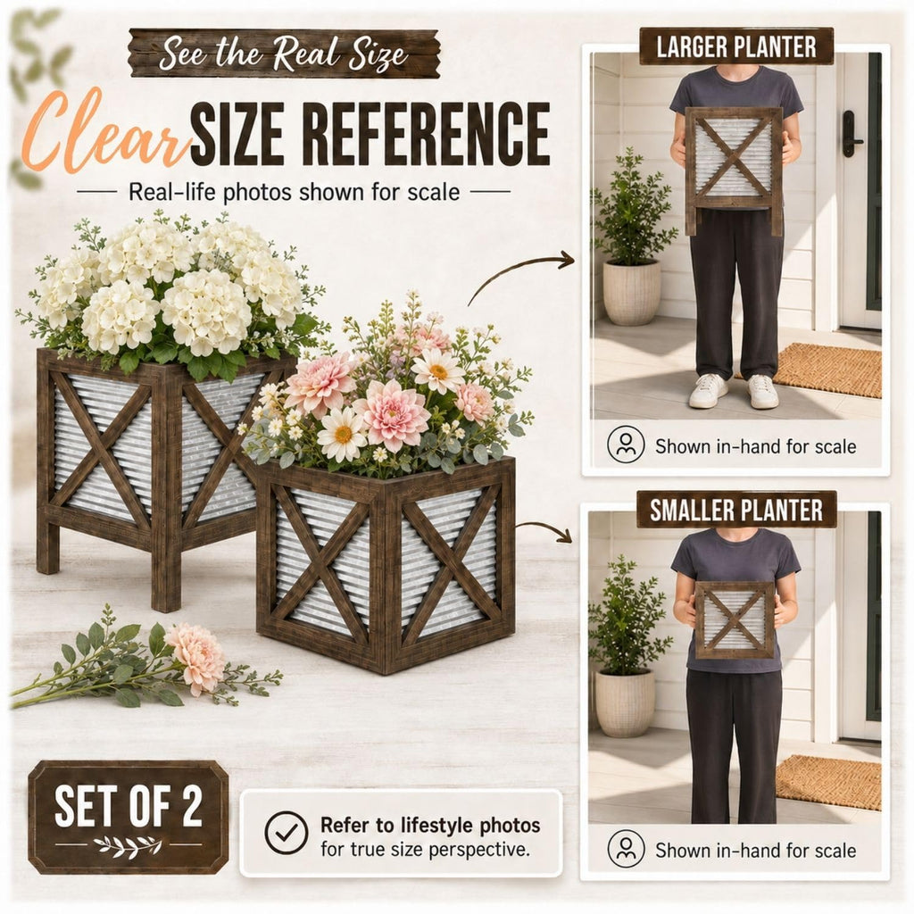 Front Porch Planters Set of 2, 15.7" & 10.2", Wood & Metal