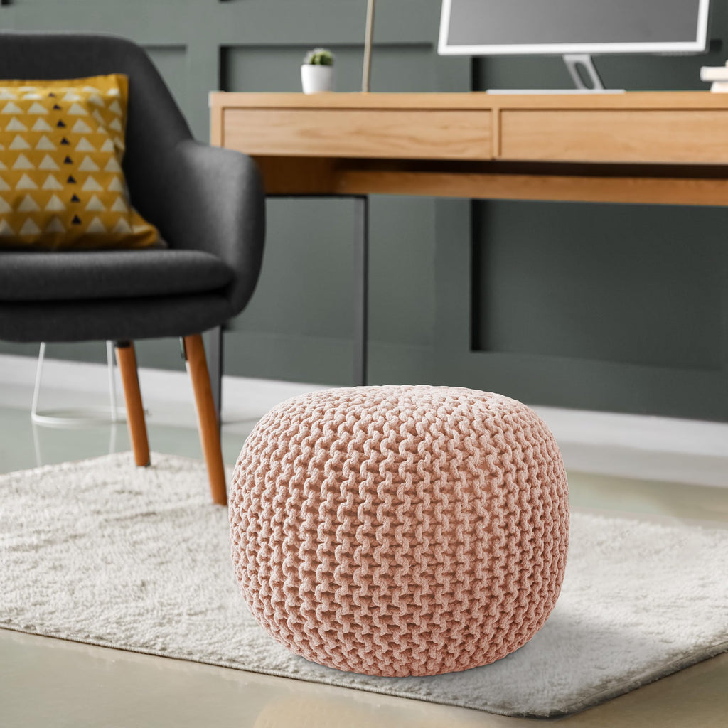 Round Pouf Ottoman, Light Pink - 20" Diameter x 14.5" High Cotton Knit Foot Stool - Boho Floor Pouffe