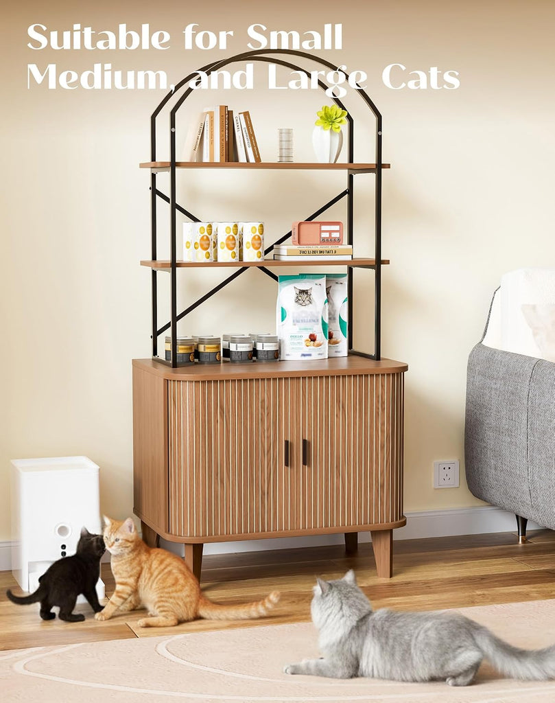66" Cat Litter Box Enclosure, Hidden Litter Box Furniture with Shelves, Wooden Cat Washroom and Pet House with Sliding