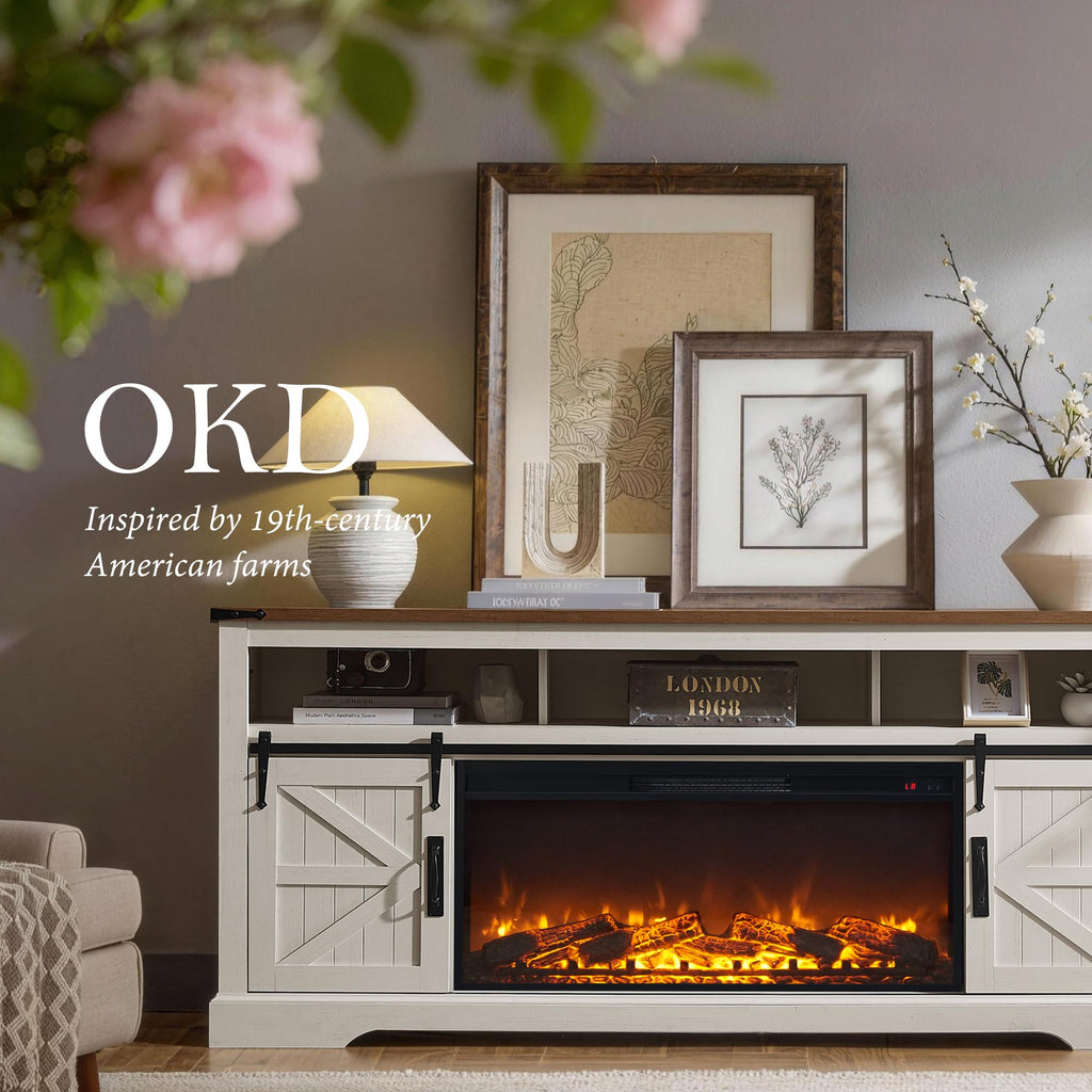 70" Farmhouse TV Stand with 36" Electirc Fireplace, Antique White