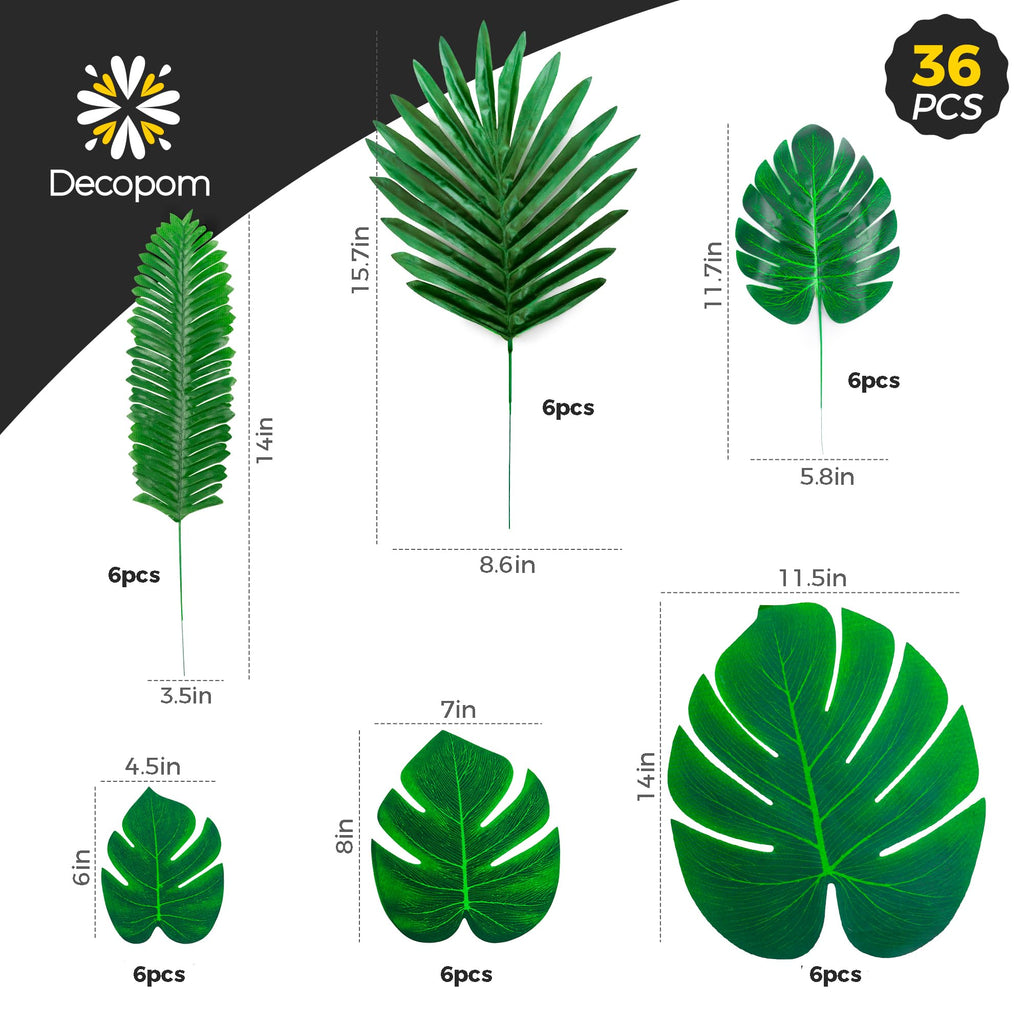 Palm Leaves Artificial Tropical Monstera 36Pack 6 Kinds Large Small Green Fake Palm Leaf with Stems