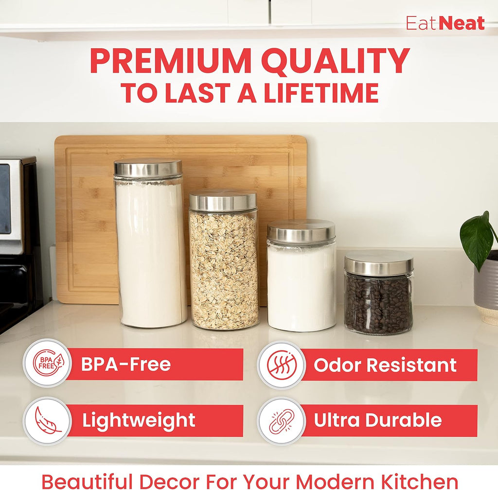 4-Piece Sleek Glass Canister Set with Brushed Stainless Steel Lids - Giftable, Durable Storage Containers - Set of 4