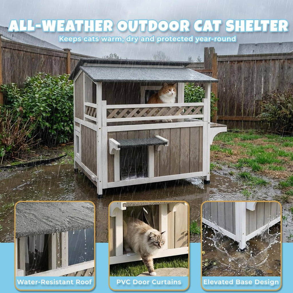 Outdoor & Indoor Wooden Cat House, Weatherproof Two-Story Cat Shelter, Enclosed Multi-Level Cat Home for Cats