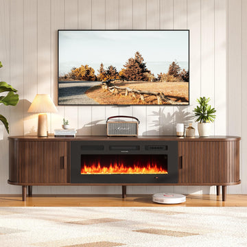 80" Mid Century Modern TV Stand with Fireplace, Fluted Fireplace TV Stand, Entertainment Center with Sliding Door, TV
