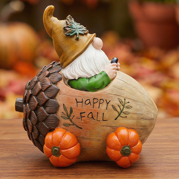 Fall Gnome Figurine with Acorn Car & Pumpkin Wheels, Happy Fall
