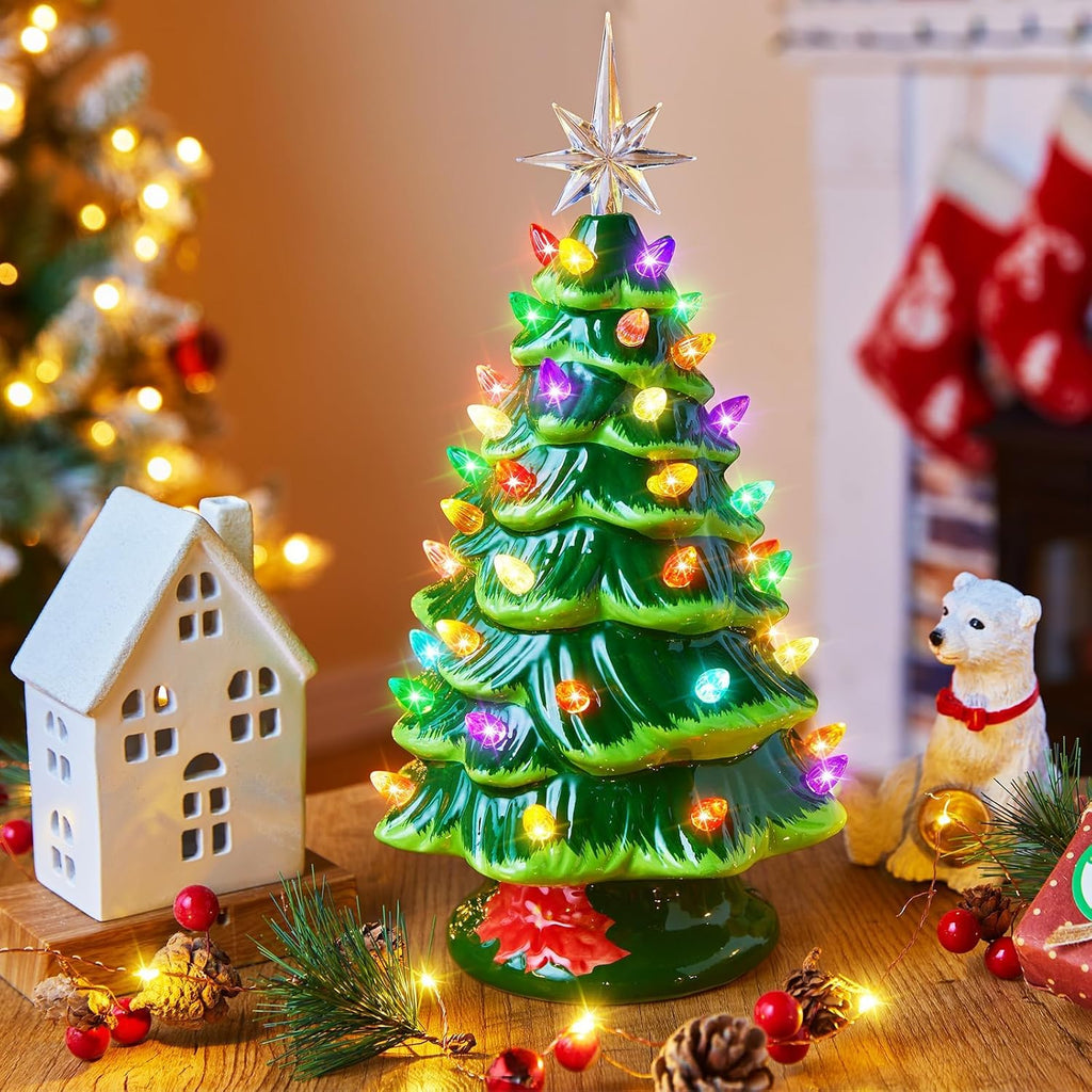13 Inch Ceramic Christmas Tree, Pre-lit Tabletop Christmas Tree with Multicolored LED Lights, Battery Operated