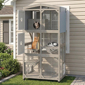 66.2" Catio Outdoor Cat Enclosure with Wheels & Window Access, Portable Large Wooden Cat Catio Cage for Balcony