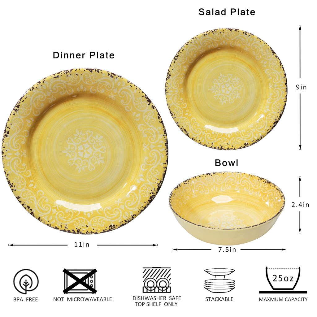 Farmhouse Melamine Dinnerware Set for 4, BPA Free and stackable Dishes Set