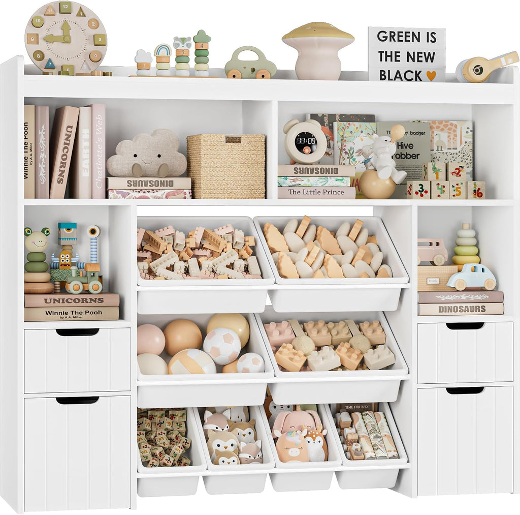 55" W Toy Storage Organizer, Large Kids Bookshelf, Toy Box, White | 8 Plastic Storage Bins / 2 Removable Toy Storage