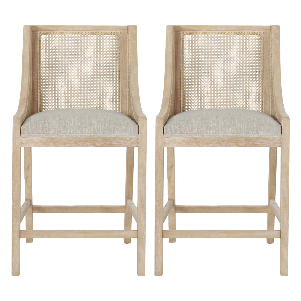 25.5" Fabric Upholstered Wood and Cane Counter Stools with Backrest, Set of 2, French Country Barstools