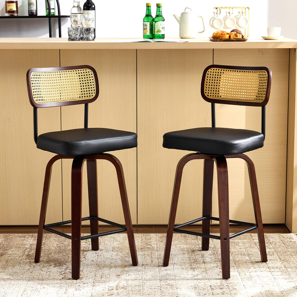 Modern Bar Stool 26" H, PU Leather with Rattan Back, 360° Swivel, Solid Wood Legs Barstools Island & Home Bar, Black