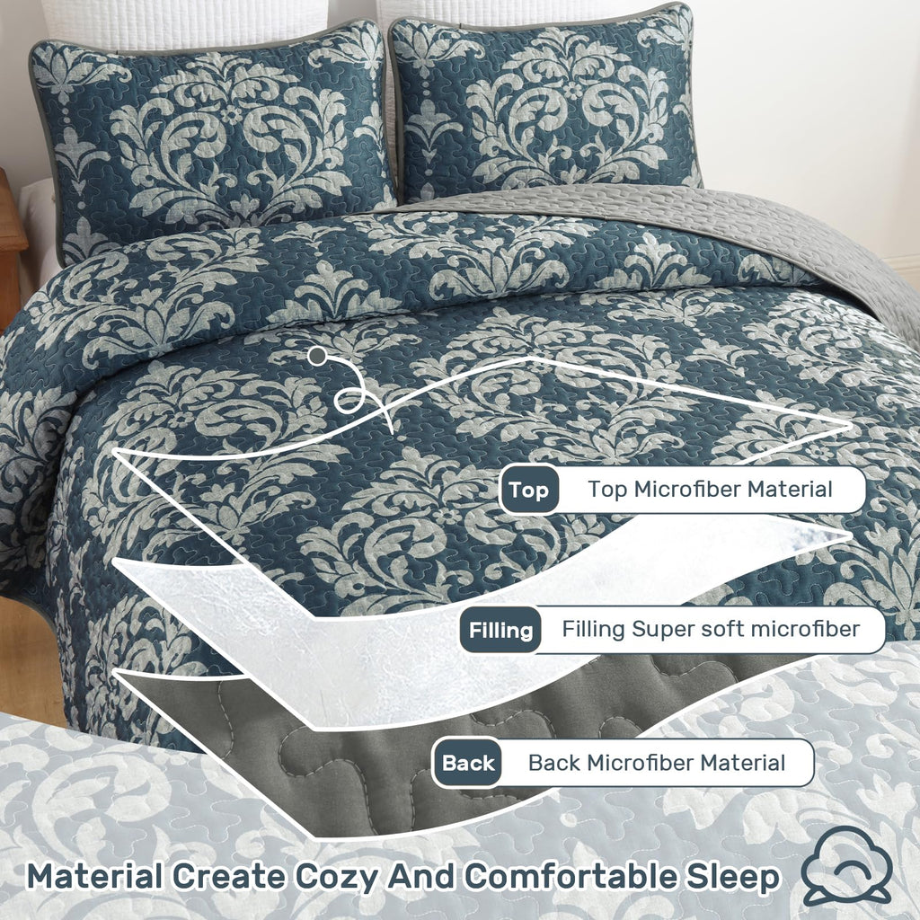 Quilt Bedding Set Navy Damask Bedspread Coverlet 3-Piece